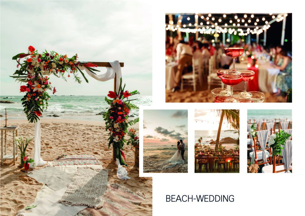 Collage of five pictures matching the motto "Beach Wedding