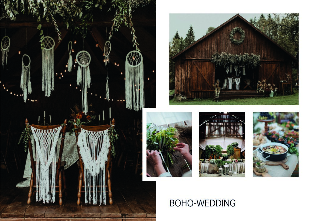 Collage of five pictures matching the motto "Boho Wedding