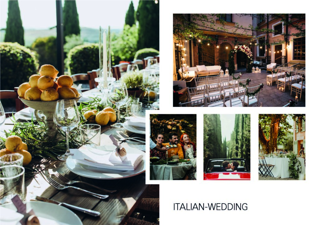 Collage of five pictures matching the motto "Italian Wedding